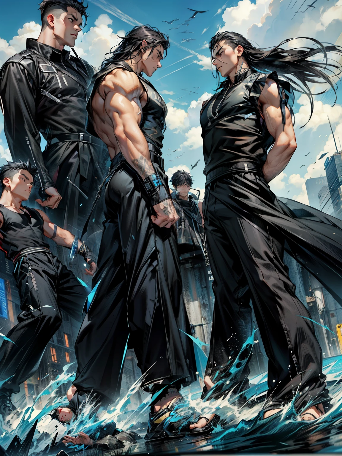 boys 26 Years old, Serious face, wearing black sleeveless shirt, black pants, black hair, levitate on sky, blue sky, cloud