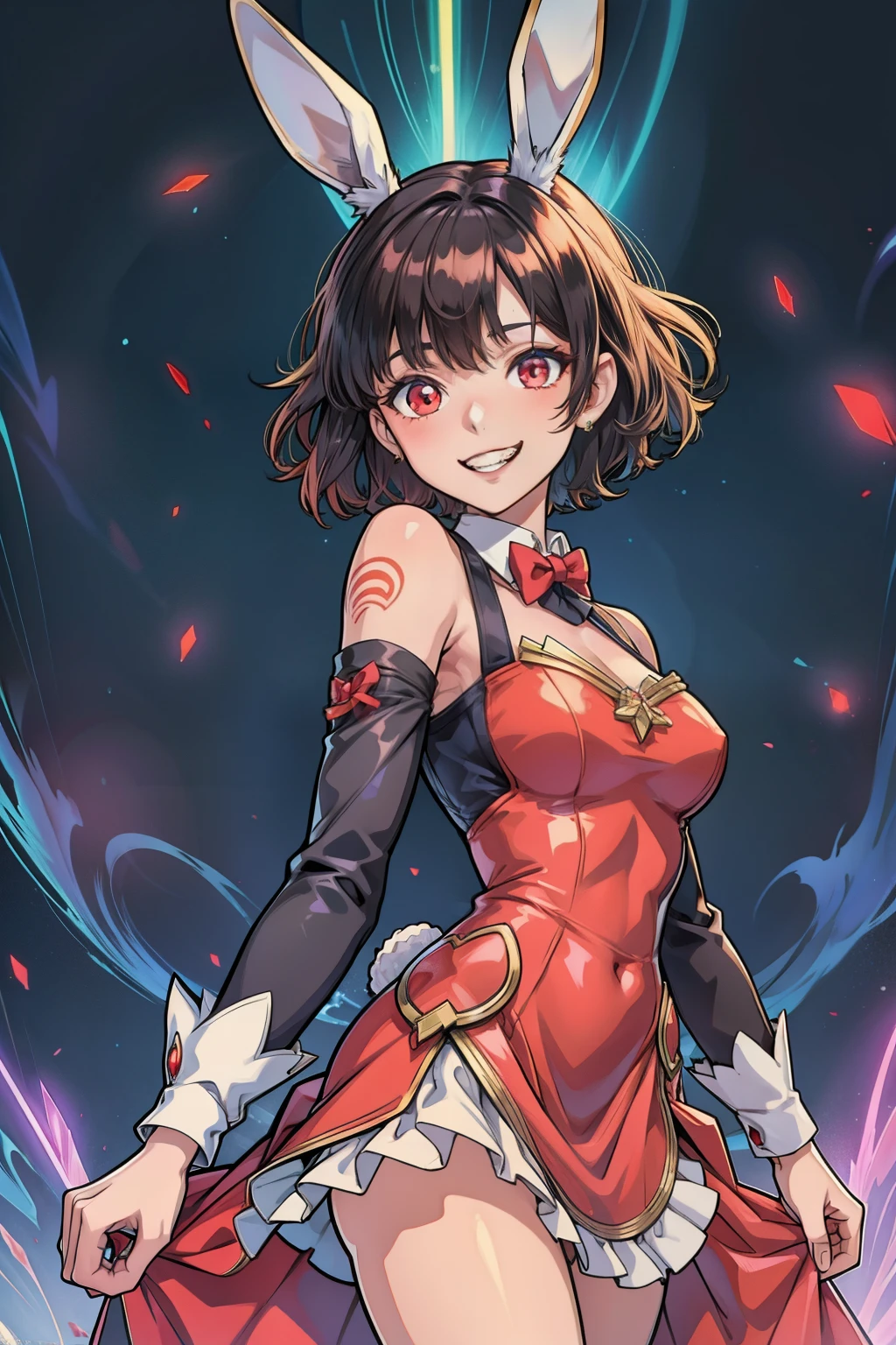 anime girl, bunny ears, short black hair, suit, red eyes, (masterpiece), fantasy, 1girl, dress, frills, grin, (magic:1.2), glowing, light particles