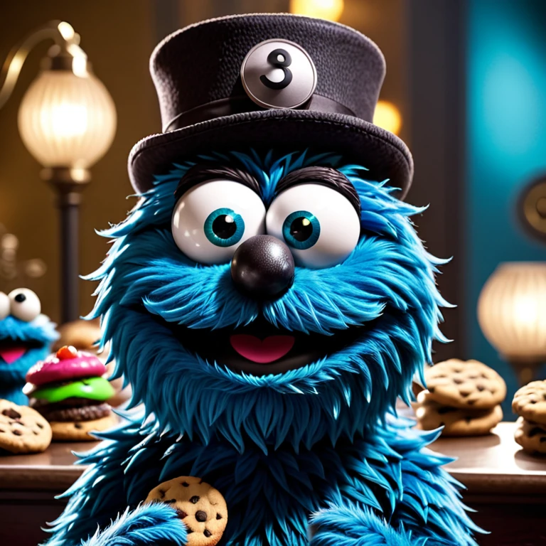cinematic film still a blue cookie monster wearing a pimp hat, cookie monster, cookie monster as a bond villain, wallpaper 1 0 2 4, c 4 d , jacksepticeye as a muppet, 6 4 0, sesame street, hq 4k phone wallpaper, mr bean depicted as a muppet . shallow depth of field, vignette, highly detailed, high budget, bokeh, cinemascope, moody, epic, gorgeous, film grain, grainy