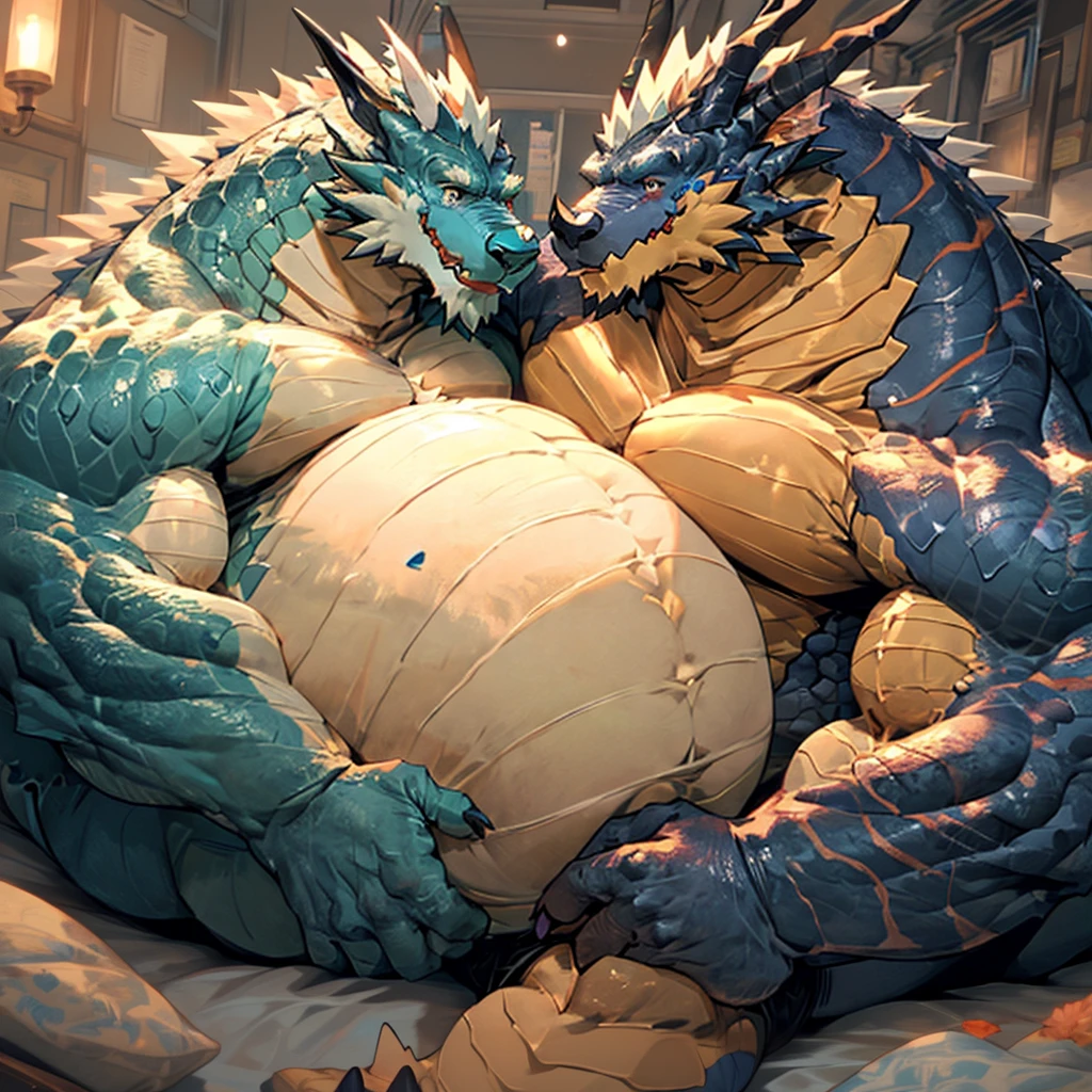 A full picture of ((a couple of 2 blue dragons with the biggest butts ever seen, lying down on their bed together)), hugging and kissing like a loving couple, the biggest dragon has so big muscle and huge pecs and the other is really obese and has so much fat in his belly, the biggest dragon is dominating and flexing his muscles and his big guts and his enormous pecs on the obese and fat dragon, the biggest dragon has the biggest pecs ever seen, his pecs is so huge, they are wearing only black skiny underwears. The biggest dragon is lying on the obese fat dragon and they are belly to belly face to face with the biggest dragon on the obese one. The bigger dragon has pecs so big that the obese dragon has his head in and he love it. the biggest dragon is so big that he take all the space on the bed and have to lying down on the obese dragon, so they have to be belly to belly and face to face and the biggest dragon crushed the obese dragon with his huge pecs and his muscles. The dragons are sweating and has a warm and sexy expression on his face. light are on in the room. They have both a big huge and fat butt. The biggest dragon lying down on the obese dragon and they are belly to belly and face to face and the obese dragon has his head in front of the pecs of the biggest dragon and he love it.They are in a school bedroom at night lying down on their bed with a sexy pose, the obese dragon admire the biggest dragon with his big and huge muscle and his big gut. Thick tongue、mouth wide open、lots of drool, long tail、thick twisted corners