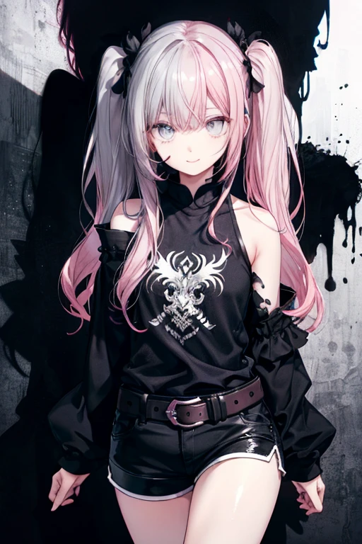 highest quality、highest quality、8k、Ultra-high resolution、highest quality、Very detailed、Perfect Face、Very detailed、Very delicate、1 boy, ((alone))、(Scared),  Gorgios、 dark,Soft Hair、Shoulder-length hair、Twin tails((Pink hair on the left、Gray hair on the right))、((Iris)),Black long sleeve shirt,White Thailand、Black shorts、belt、 Confident, smile, Shut your mouth.、Expressive eyes, Coloful Eyes, Contrast, Shadowy,Digital Art, Shining Eyes, Intimidating, Damaged, Detailed face、Fine grain、Detailed Background、 dark背景, Based on black and white、Black liquid