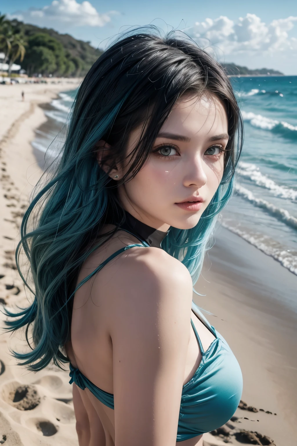 Hot woman, blue hair, yellow eyes, in the beach, wearing a black wedding