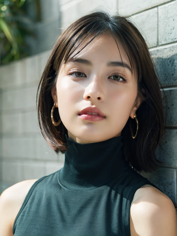 (A hyper-realistic), , (hight resolution), (8K), (ighly detailed), (The best illustrations), (beatiful detailed eyes), (top-quality), (ultra-detailliert), (masterpiece), (mortar wallpaper), (Detailed face), a park,Armpit, Thick,,,solo,A girl wearing a dark green turtleneck, full of sweat, japanes, ,Concrete background、Tile background、Upper body,Medium Hair