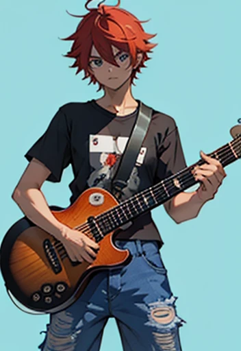 An electric guitar with ax, vermelha ,manga Style , With sticker , human Male Adolescent  , blue pupils ,Torn Pants  , t-shirt , manga Style 