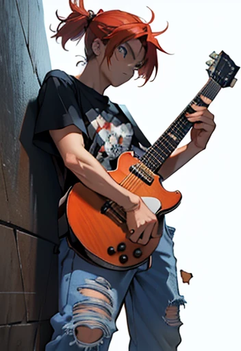 An electric guitar with ax, vermelha ,manga Style , With sticker , human Male Adscent  , blue pupils ,Torn Pants  , t-shirt , manga Style 