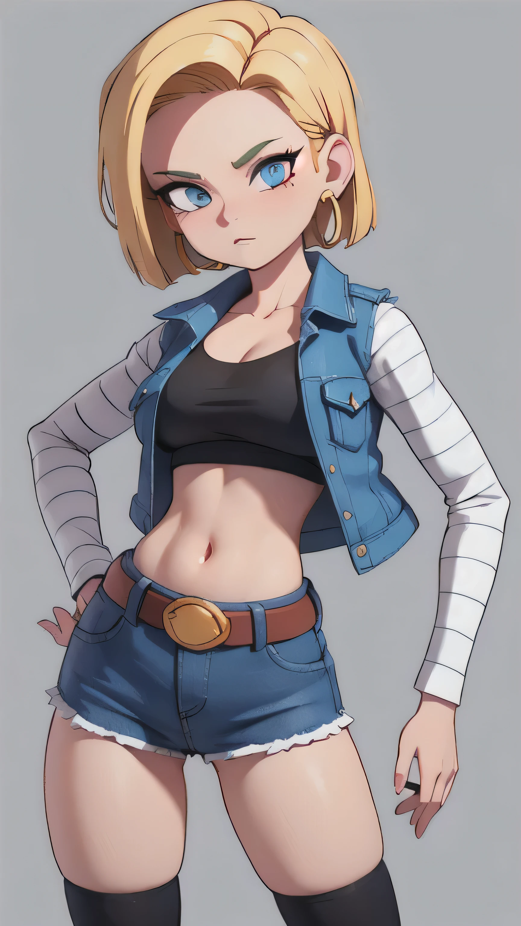 (masterpiece, best quality), android 18, slender, Standing like a model, blonde hair, blue eyes, eyelashes, hoop earrings, (white headphones must be worn), short hair, earrings belt, plain black thigh-high socks, Navel and thighs are exposed, black cropped shirt, breast pocket, cleavage, collarbone, denim vest, denim high-waist skirt, jewelry, striped long sleeves, 4K