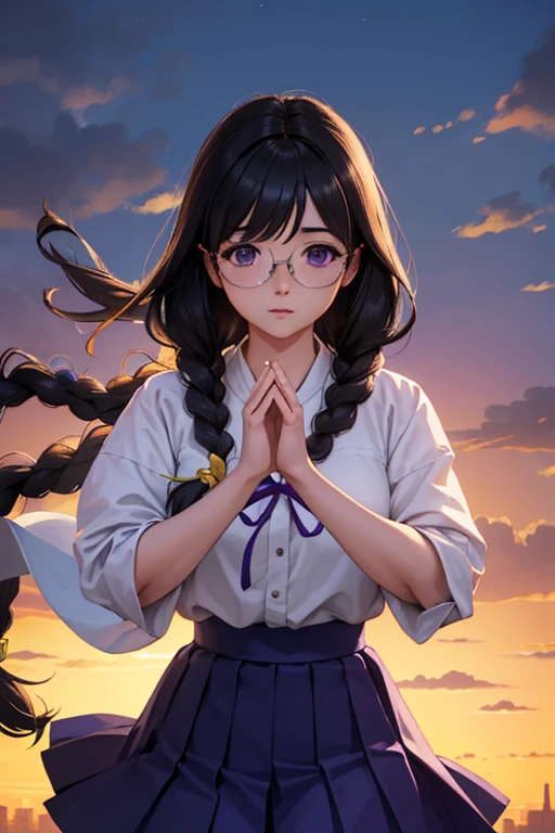 hanekawaTsubasa, hanekawa tsubasa, Long Hair, Black Hair, hair ornaments, (Purple eyes:1.1), Braiding, Barrette, Twin Braidings, Naoetsu High , Glasses,
break skirt, , naoetsu high ,
break outdoors, city,
break looking at viewer, break (Tabletop:1.2), highest quality, High resolution, Unity 8k wallpaper, (figure:0.8), (Beautiful fine details:1.6), Highly detailed face, Perfect lighting, Highly detailed CG, (Perfect hands, Perfect Anatomy),
