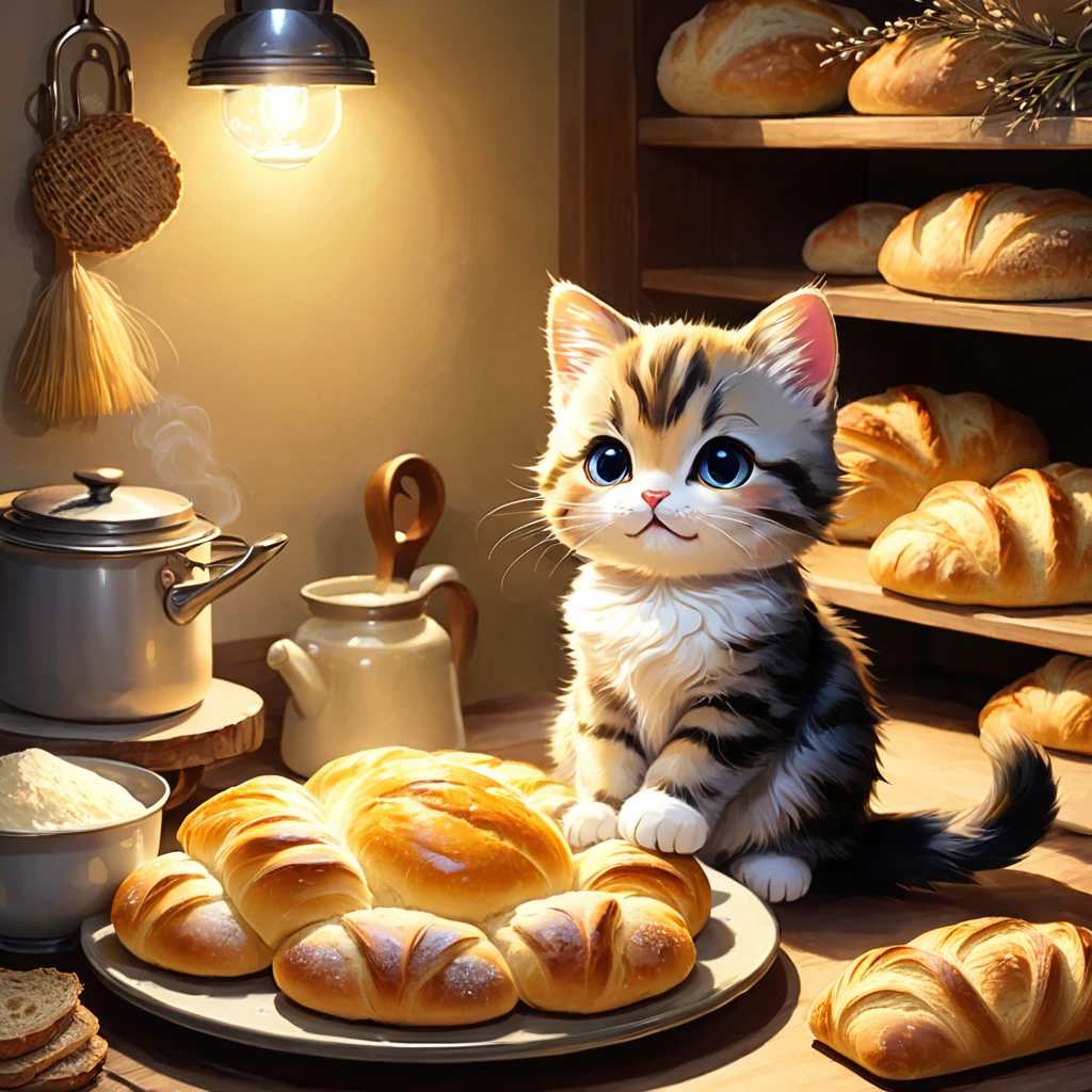 cuteAn illustration,Catハウス,Catの親子:animal:cute:Cooking time:looks happy,An illustration,pop,優しいcolor,豊富なcolor,colorfulに,color,dim,Lamp light,Catの親子が料理を作っています:Dreaming happy dreams,The nest is warm and happy,Fancy,Fantasy,patchwork,Detailed explanation,Intricate details,rendering,finely,fluffyな質感,Beautiful light and shadow,fluffy,Randolph Caldecott Style,Cat,最高にcuteCat,a bit,Mix the flour with water and knead,Making bread,Place the bread on a flat plate,ordinary bread,French bread,Croissant,apron,Cook'hat