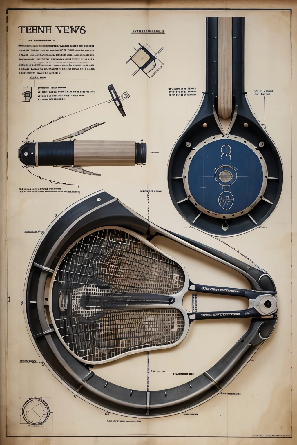 Highly detailed technical drawing of a tennis racket The illustrations should include a side view, cross-sections, and exploded views to show both the exterior and interior components and organs. Labeled parts with annotations specifying materials, dimensions, and other engineering and anatomic specifications. Style vintage engineering blueprint, and educational intent