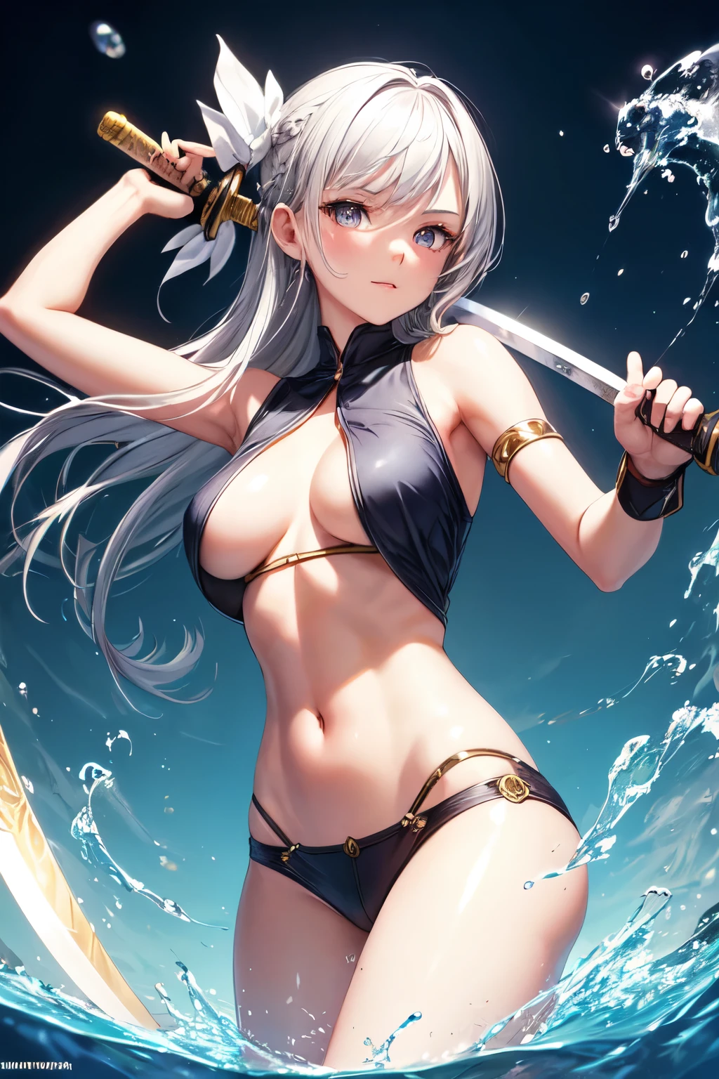 1girl, silver hair, gray eye, sword, holding sword, water element, breasts, glowing, sidelighting, no shirt, wallpaper