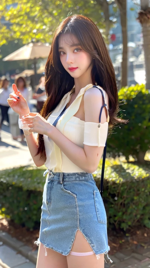 best quality, masterpiece, 1 woman, beautiful face, (photo realistic:1.3), rim lights, (highly detailed skin:1.2), 8K uhd, DSLR, high quality, high resolution, 4K, 8K, bokeh,  absurd, Best Proportion Four Fingers and One Thumb, (realistic:1.3), cute 1 woman, wearing a wireless mini dress, medium chest, short skirt, pretty legs, Silk pantyhose, detailed face