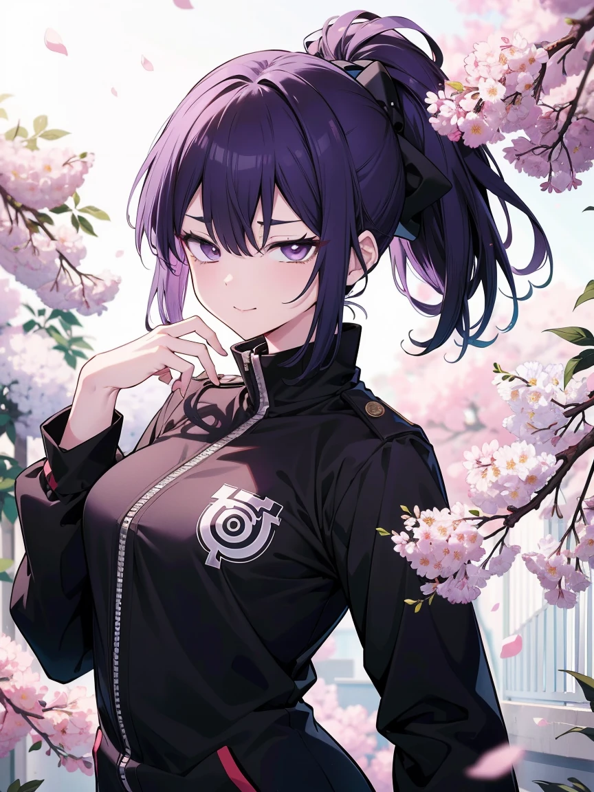 (Obra maestra), (mejor calidad, ultra uniform resolution of brujo jujutsu dark blue MAPPA studios jujutsu kaisen style animeMucho style, Jujutsu Kaisen, Estilo Jujutsu Kaisen, Chica de cabello violeta oscuro, Flor lila en la parte superior de su cabeza, ojos lilas, medium breasts, ropa uniforme jujutsu kaisen, sonriente