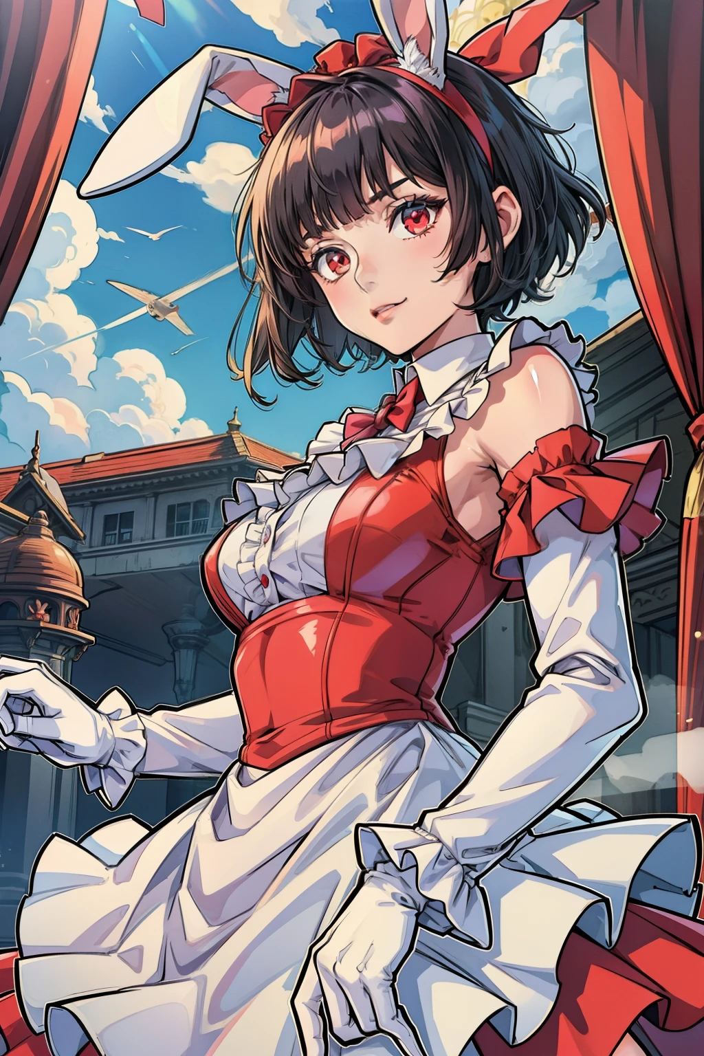 anime girl, bunny ears, short black hair, suit, red eyes, masterpiece, best quality, 1girl, solo,, detailed eyes,  upperbody, frilled dress, frilled sleeves, long sleeves, white gloves, frills, 