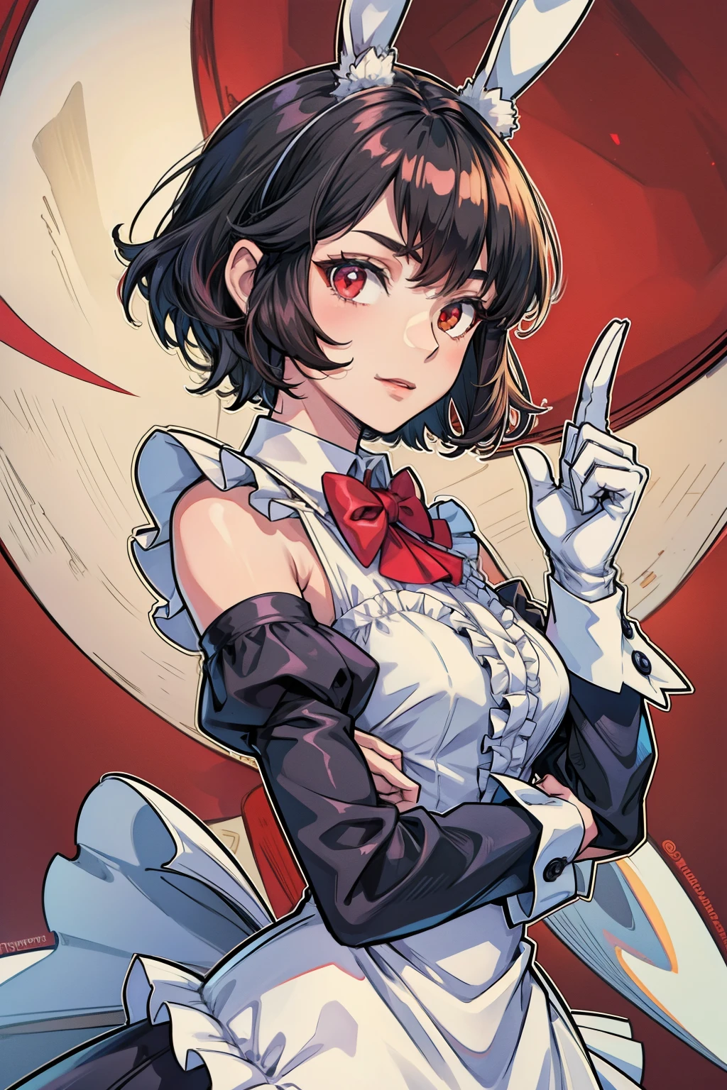 anime girl, bunny ears, short black hair, suit, red eyes, masterpiece, best quality, 1girl, solo,, detailed eyes,  upperbody, frilled dress, frilled sleeves, long sleeves, white gloves, frills, 