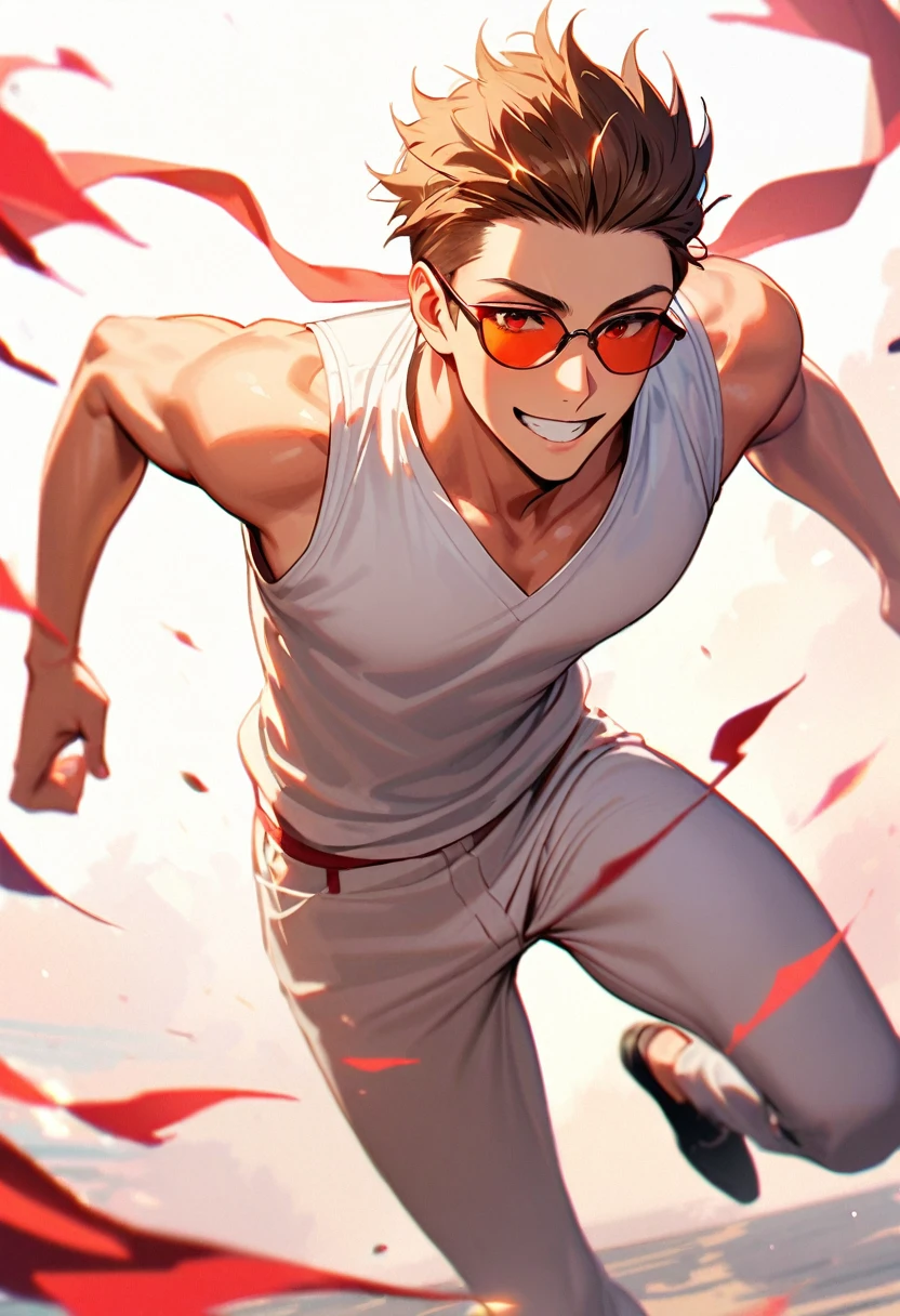 A young man, 23-years-old, solo, Caucasian, slender figure, mature face, brown quiff-style hair, (red sunglasses:1.1), cheerful smile, white sleeveless kimono, white pants, running, white and red background