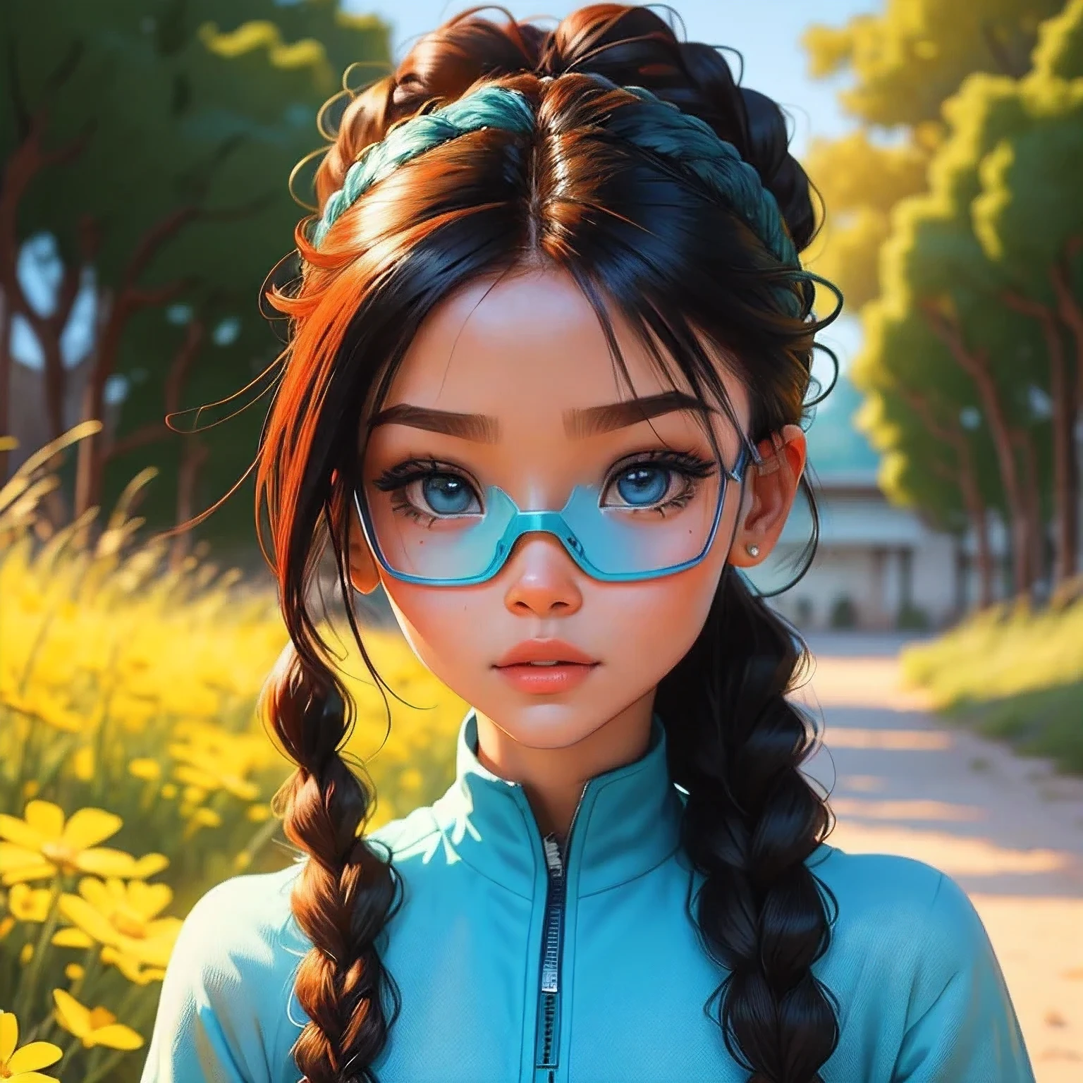  , bonita e fofa, wearing goggles, vestido branco com detalhes, babyface, estilo chibi, cabelo vermelho e azul de duas cores, braided hair ponytail, olhos de detalhe perfeito, rosto delicado, CG perfeito, qualidade de imagem HD,
