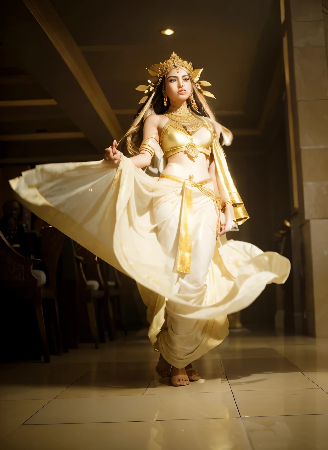 (Best quality, 8k, 32k, Masterpiece, UHD:1.2) "Transform the image's setting to the grand palace of Sumeru in Genshin Impact. Fill the scene with expansive desert landscapes, but incorporate luxurious elements reminiscent of ancient Egyptian architecture. Add ornate pillars, intricate carvings, and lavish golden accents throughout the palace. Ensure the ambiance exudes opulence and grandeur, reflecting the majesty of the Sumeru civilization. Use warm desert hues to enhance the richness of the environment." ((goddess))