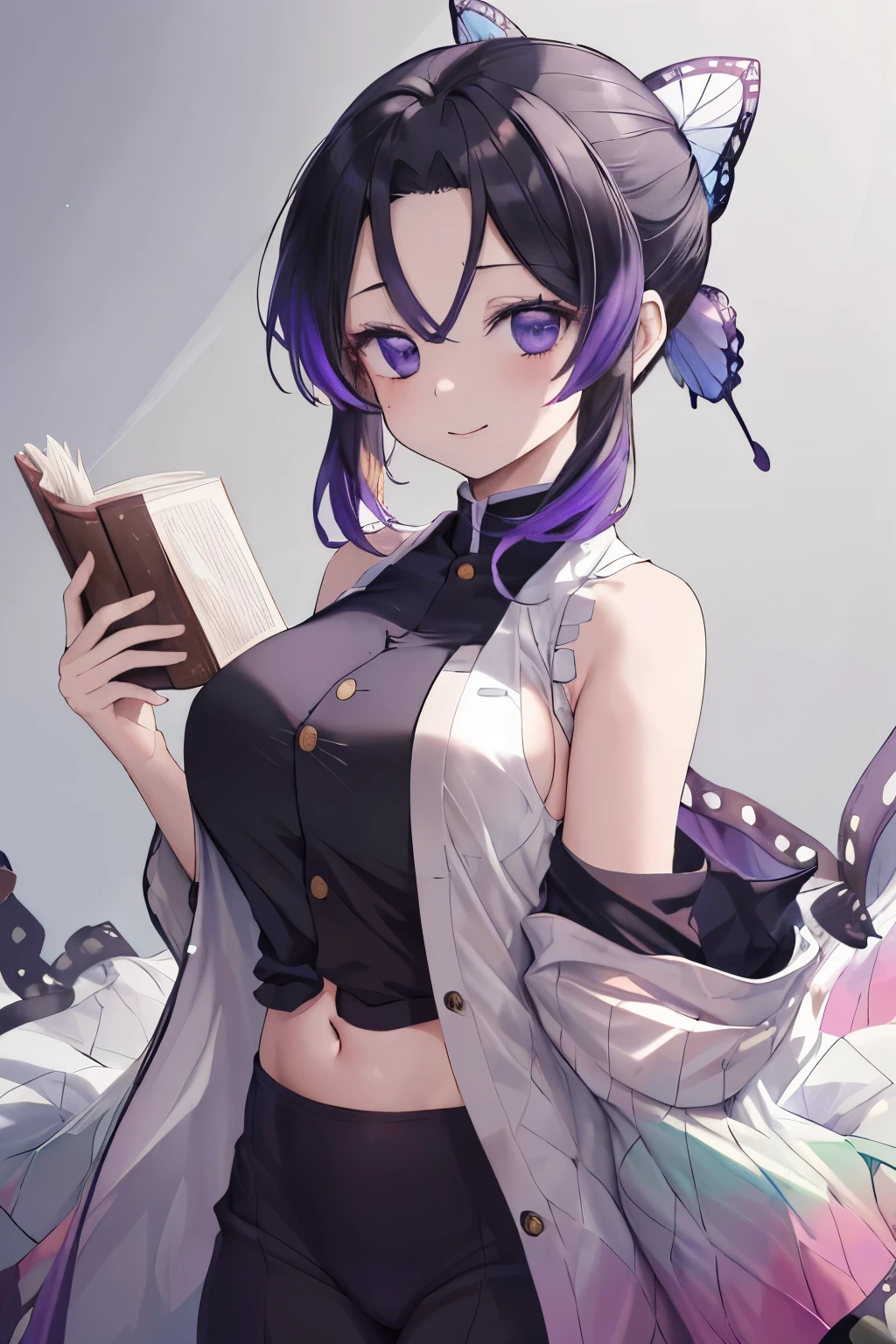 (best quality, 8k, ultra-detailed, masterpiece:1.2), portraits, Kochou Shinobu, solo, butterfly hair ornament, ((Multicolored hair)), short hair, tied hair, ((Split bangs)), purple eyes, detailed eyes, ((purple)).
BLACK shirt, ((sleeveless)), buttoned, ((exposed belly/abdomen)), white jacket, ((jacket without zippers)).
REST stop, looking at the viewer, natural environment, lights, holding a book, smiling, embarrassed.
Detailed representation of the face, beautiful facial features, perfect anatomy, ((large buttocks, large breasts)).