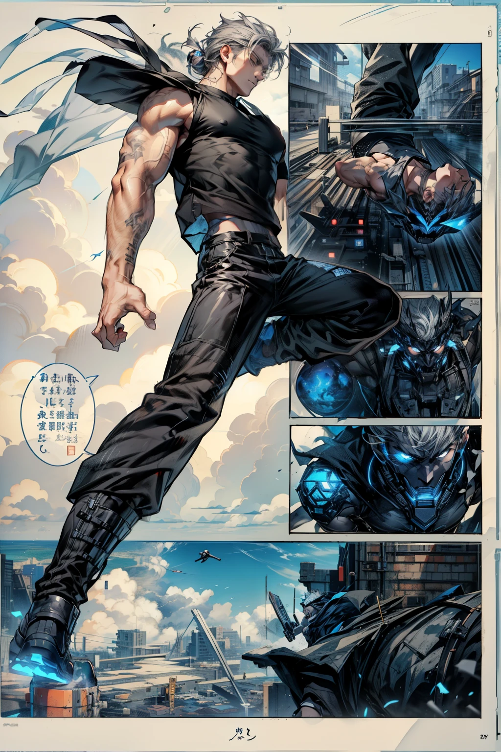 boys 26 Years old, Serious face, wearing black sleeveless shirt, black pants, gray hair, levitate on sky, blue sky, cloud