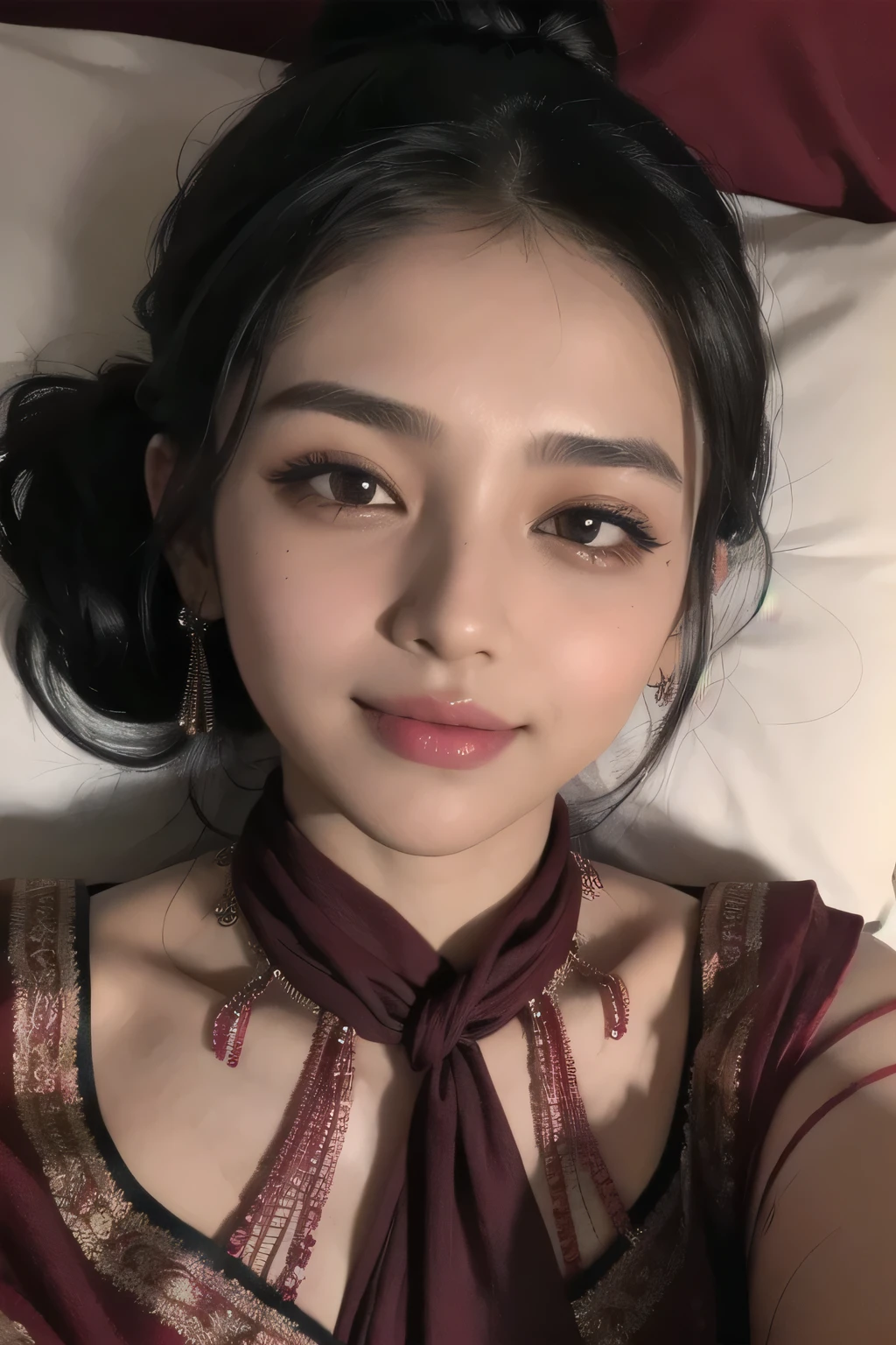 Amazing portrait of a sexy woman with a beautiful face and black hair tied in a bun with smokey eyes lined with an eyeliner and her glossy lips are parted while blushing intensely and smiling wearing maroon kurta pajama with maroon sheer shawl while lying on bed with her head on a pillow facing towards the viewer 