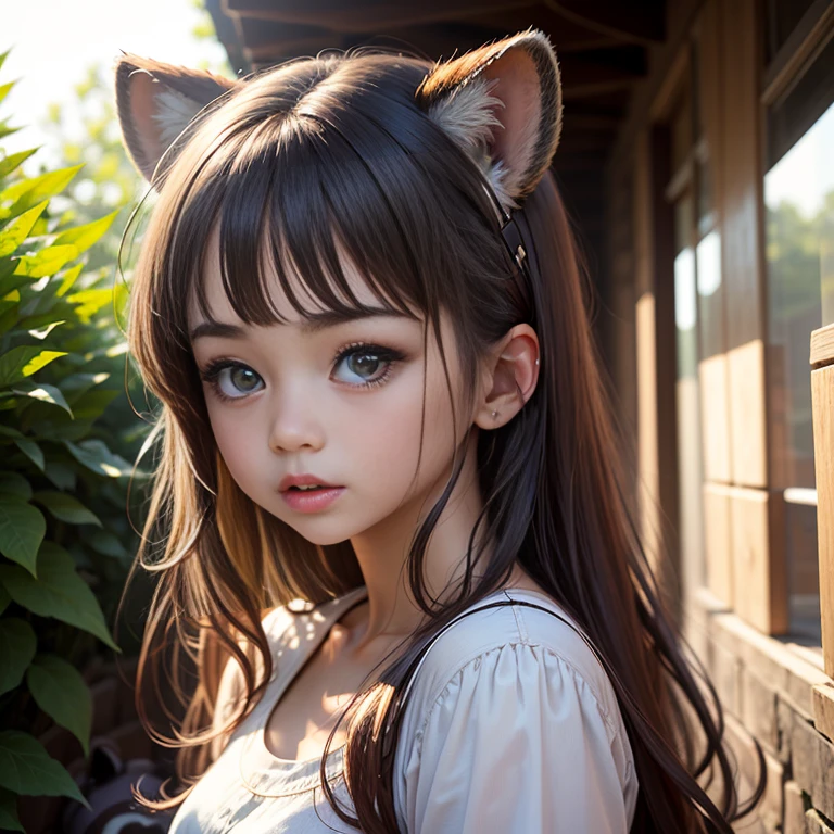 Very beautiful young girl, Very surprised ,round raccoon ears, brightly lit by the sun&#39;s rays, realistically, professional photo,