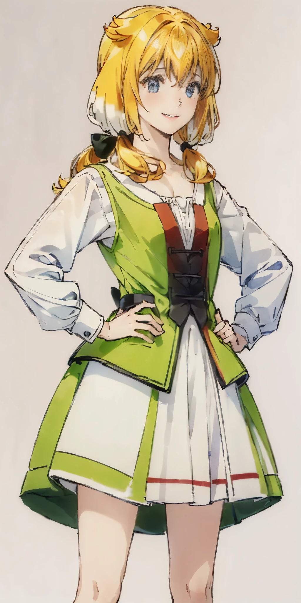 (((Plain background 1:2))) (masterpiece, high quality: 1.1) (Roxanne), 1girl solo fluffy dog ears, twin tails, blue eyes, blonde hair, blush, surrounded by sunflowers in a bright field, smiling red cheeks with hands on hips
