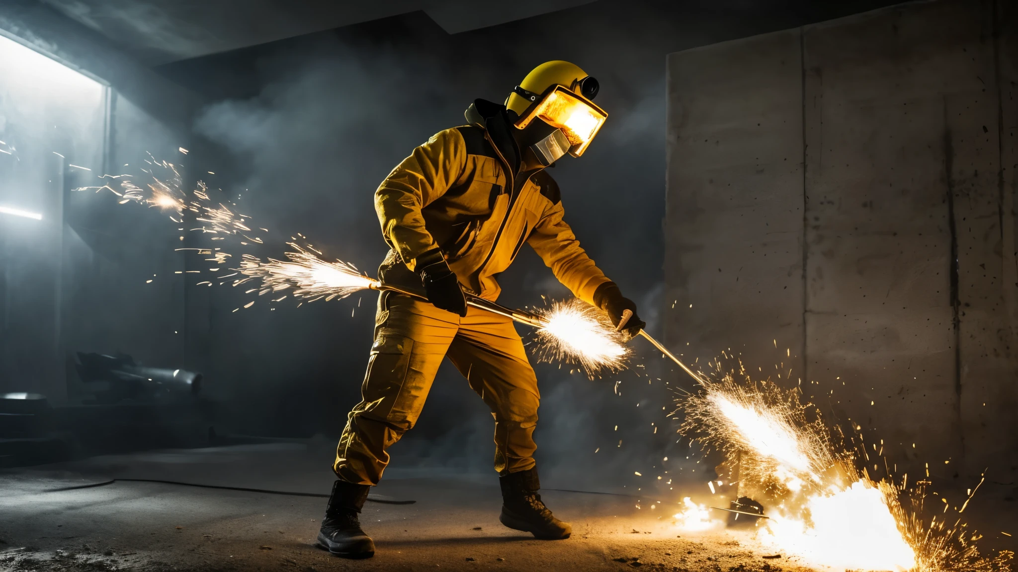A photorealistic image of a man in a balaclava wielding a blowtorch cutting through a thick concrete vault wall, with sparks flying everywhere and money/gold visible behind him.