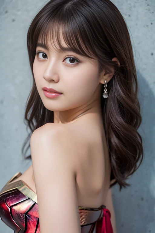 masterpiece、1 beautiful girl、fine eyes、puffy eyes、highest quality, 超High resolution, (reality: 1.4), movie lighting、Japanese、asian beauty、Korean、super beautiful、beautiful skin、body facing forward、close up of face、(Ultra-realistic)、(High resolution)、(8K)、(very detailed)、(Beautiful and fine eyes)、(Super detailed)、 (wall-)、detailed face、bright lighting、professional lighting、looking at the viewer、look straight ahead、slanted bangs、night view、brown hair、Nogizaka idol、korean idol、fiery idol pose、、25 years old、wonder woman cosplay