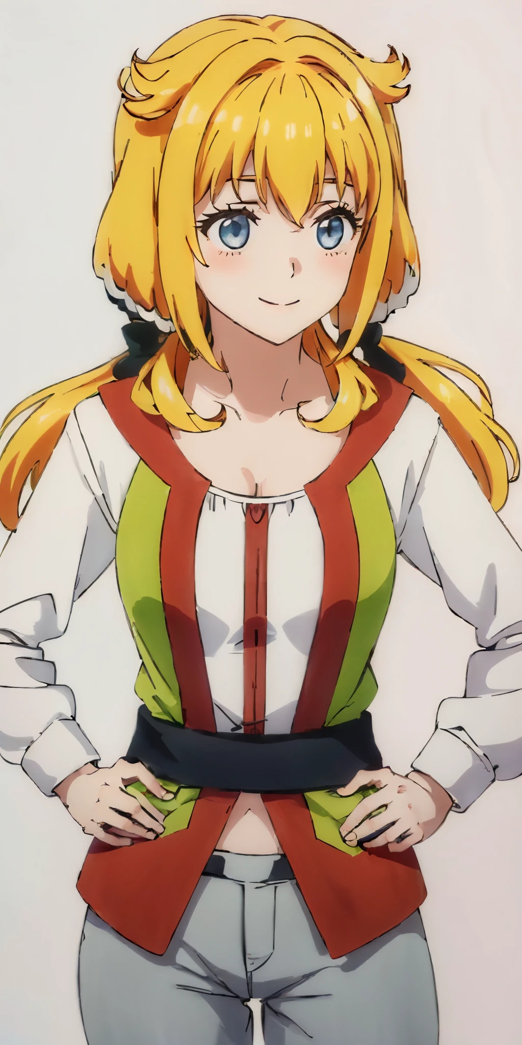 (((Plain background 1:2))) (masterpiece, high quality: 1.1) (Roxanne), 1girl solo fluffy dog ears, twin tails, blue eyes, blonde hair, blush, surrounded by sunflowers in a bright field, smiling red cheeks with hands on hips
