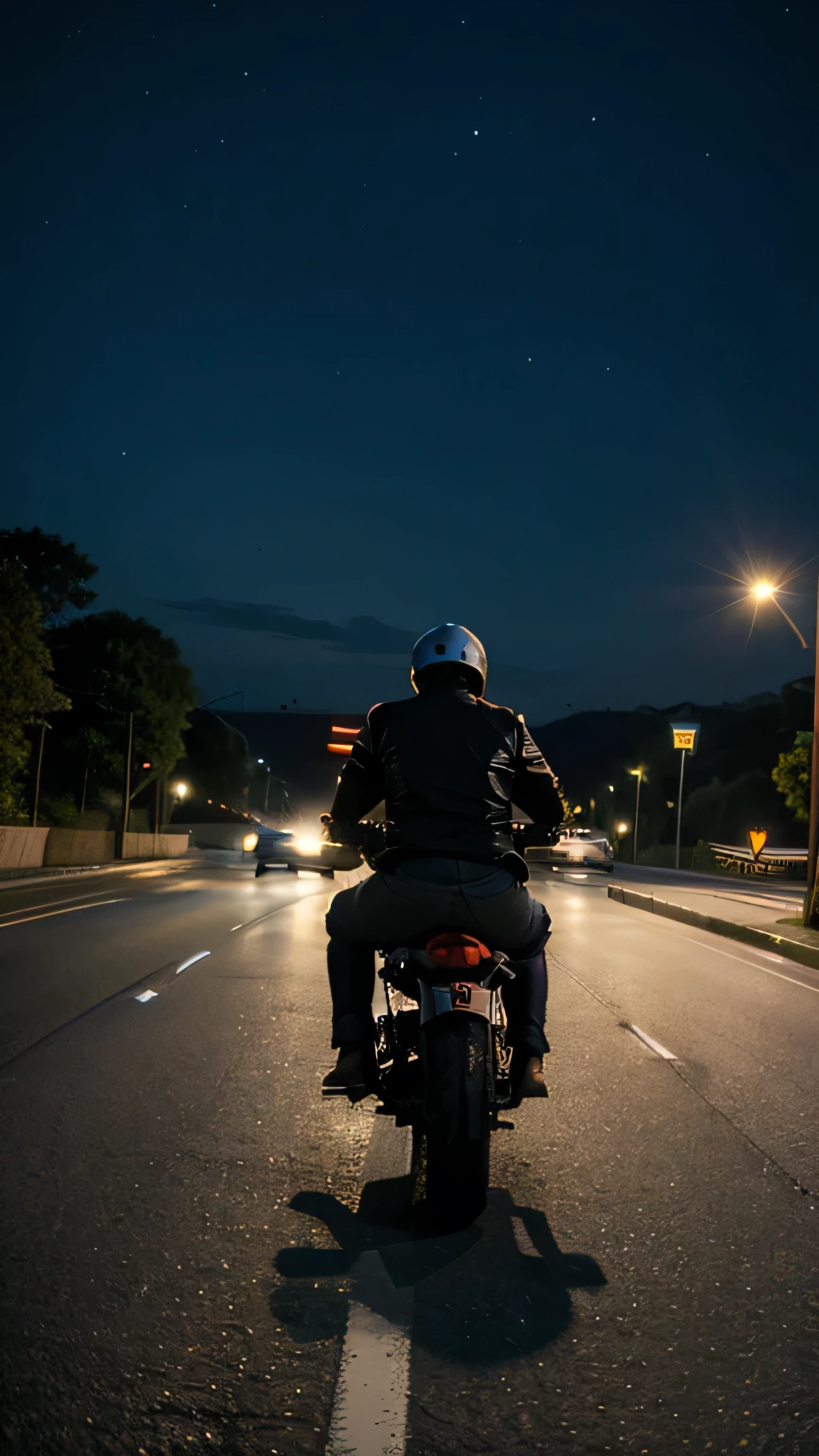 Man riding a two wheeler, back view, life is a dream, met goddess, night view, empty road, highway, hyper HD, correct, textured scenery, Super detail, High details, High quality, High resolution, 8K, hyper HD, Textured scenery, Super detail, High details, High quality, Best quality, 8K, realistic.