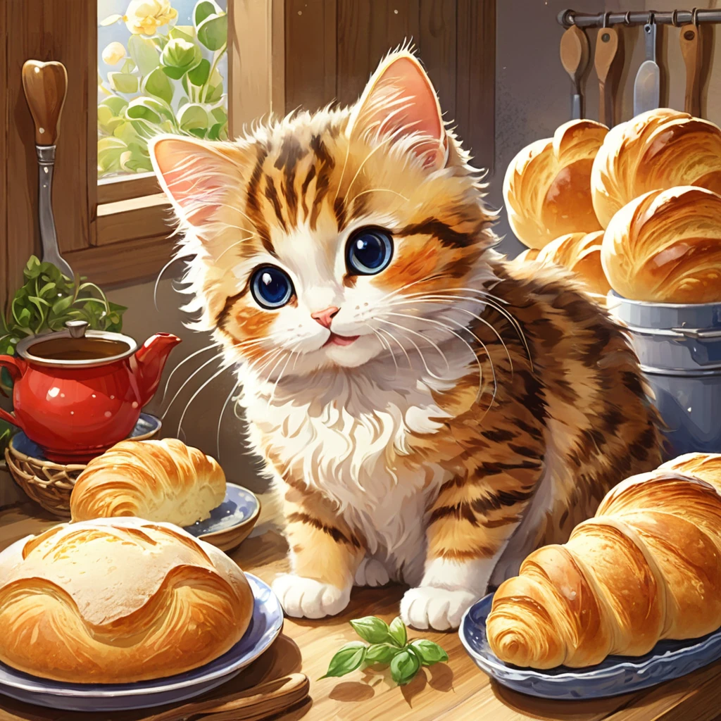 cuteAn illustration,Catハウス,Catの親子:animal:cute:Cooking time:looks happy,An illustration,pop,優しいcolor,豊富なcolor,colorfulに,color,dim,Lamp light,Catの親子が料理を作っています:Dreaming happy dreams,The nest is warm and happy,Fancy,Fantasy,patchwork,Detailed explanation,Intricate details,rendering,finely,fluffyな質感,Beautiful light and shadow,fluffy,Randolph Caldecott Style,Cat,最高にcuteCat,a bit,Mix the flour with water and knead,Making bread,Place the bread on a flat plate,ordinary bread,French bread,Croissant,apron,Cook&#39;hat