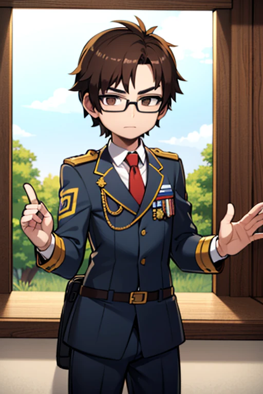 A man with short brown hair and glasses, young man with small brown eyes, y que tenga uniforme de soldado