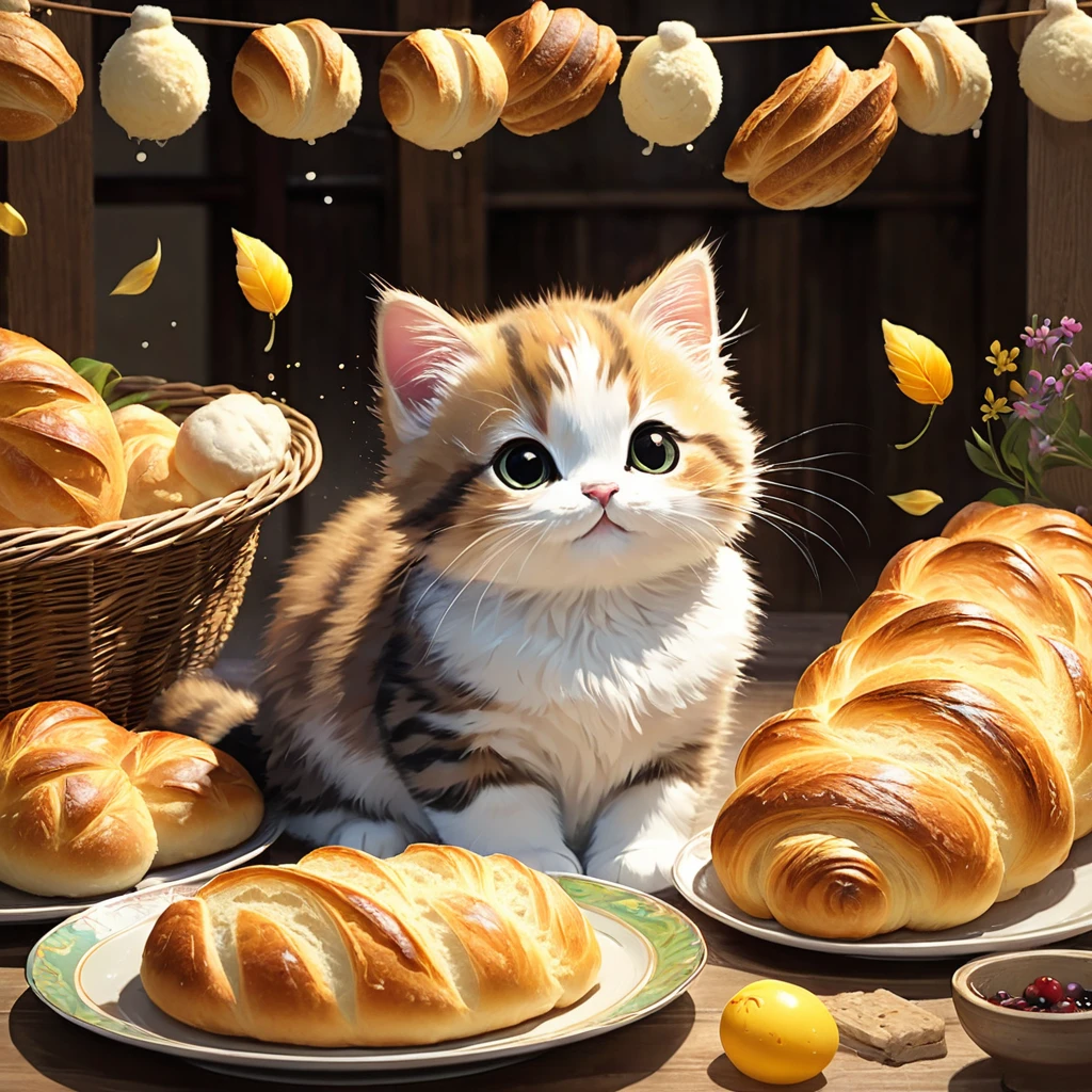 cuteAn illustration,Catハウス,Catの親子:animal:cute:Cooking time:looks happy,An illustration,pop,優しいcolor,豊富なcolor,colorfulに,color,dim,Lamp light,Catの親子が料理を作っています:Dreaming happy dreams,The nest is warm and happy,Fancy,Fantasy,patchwork,Detailed explanation,Intricate details,rendering,finely,fluffyな質感,Beautiful light and shadow,fluffy,Randolph Caldecott Style,Cat,最高にcuteCat,a bit,Mix the flour with water and knead,Making bread,Place the bread on a flat plate,ordinary bread,French bread,Croissant,apron,Cook&#39;hat