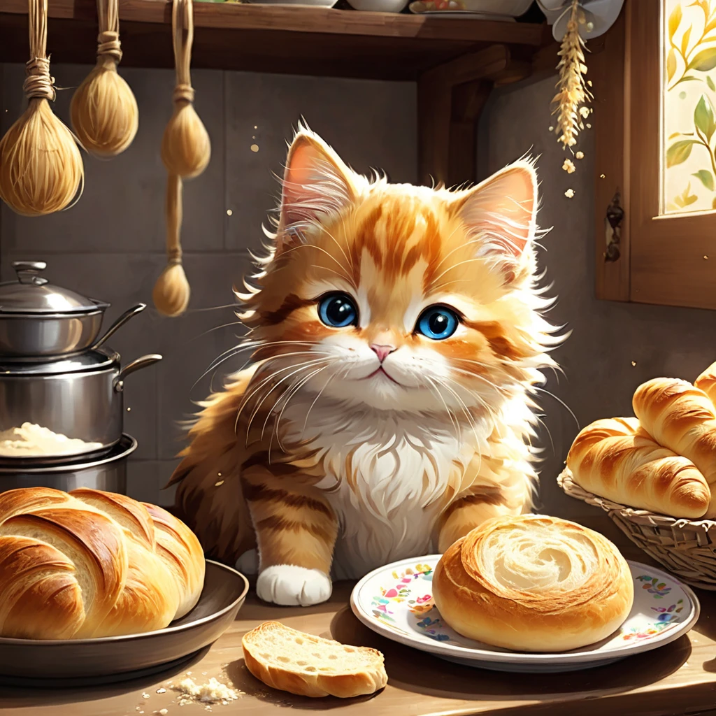 cuteAn illustration,Catハウス,Catの親子:animal:cute:Cooking time:looks happy,An illustration,pop,優しいcolor,豊富なcolor,colorfulに,color,dim,Lamp light,Catの親子が料理を作っています:Dreaming happy dreams,The nest is warm and happy,Fancy,Fantasy,patchwork,Detailed explanation,Intricate details,rendering,finely,fluffyな質感,Beautiful light and shadow,fluffy,Randolph Caldecott Style,Cat,最高にcuteCat,a bit,Mix the flour with water and knead,Making bread,Place the bread on a flat plate,ordinary bread,French bread,Croissant,apron,Cook'hat