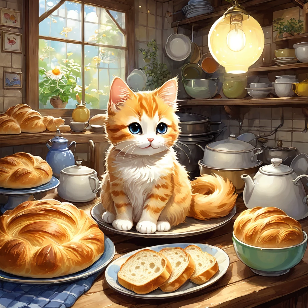 cuteAn illustration,Catハウス,Catの親子:animal:cute:Cooking time:looks happy,An illustration,pop,優しいcolor,豊富なcolor,colorfulに,color,dim,Lamp light,Catの親子が料理を作っています:Dreaming happy dreams,The nest is warm and happy,Fancy,Fantasy,patchwork,Detailed explanation,Intricate details,rendering,finely,fluffyな質感,Beautiful light and shadow,fluffy,Randolph Caldecott Style,Cat,最高にcuteCat,a bit,Mix the flour with water and knead,Making bread,Place the bread on a flat plate,ordinary bread,French bread,Croissant,apron,Cook&#39;hat