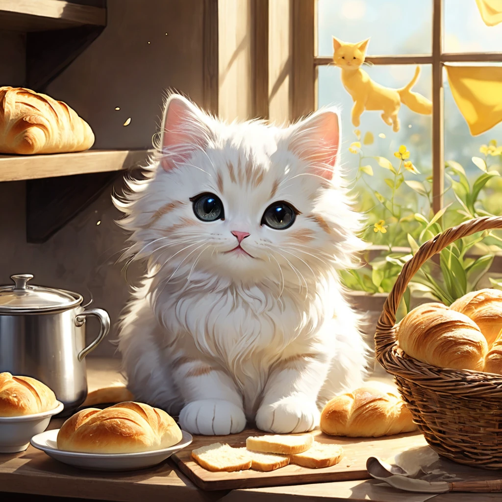 cuteAn illustration,Catハウス,Catの親子:animal:cute:Cooking time:looks happy,An illustration,pop,優しいcolor,豊富なcolor,colorfulに,color,dim,Lamp light,Catの親子が料理を作っています:Dreaming happy dreams,The nest is warm and happy,Fancy,Fantasy,patchwork,Detailed explanation,Intricate details,rendering,finely,fluffyな質感,Beautiful light and shadow,fluffy,Randolph Caldecott Style,Cat,最高にcuteCat,a bit,Mix the flour with water and knead,Making bread,Place the bread on a flat plate,ordinary bread,French bread,Croissant,apron,Cook&#39;hat