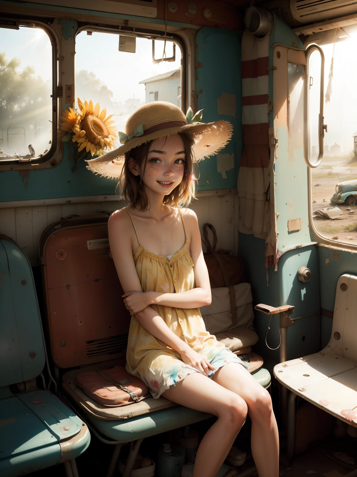 masterpiece, best quality, 2girls, (closeup), 18yo teen, slim, small breast, short light sundress, summer hat, sitting, in abandoned bus, hugging, lode, smile, flood, wasteland, colorfull, desolate, sunny, (sun rays:1.3), watercolor, 