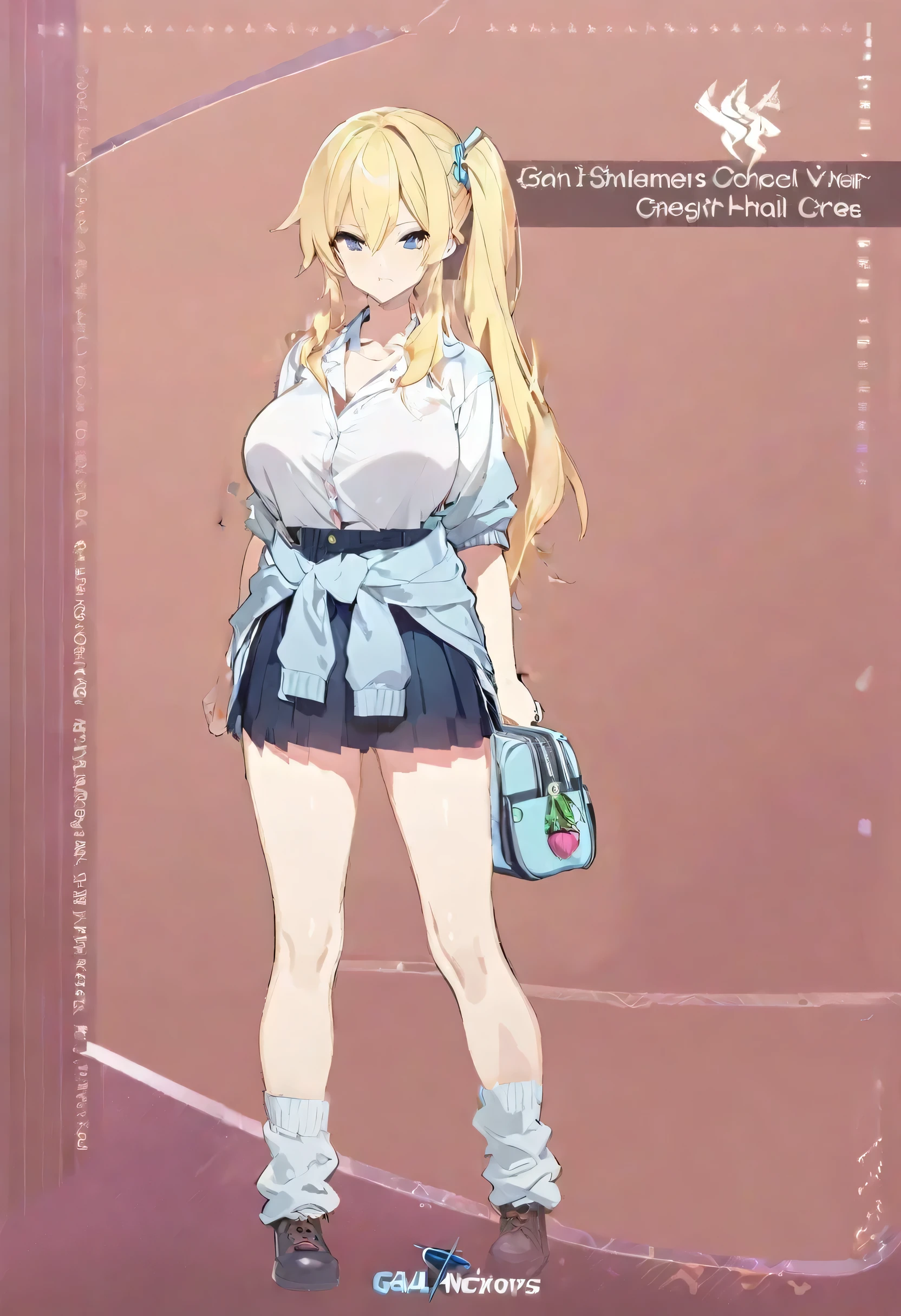 One Girl,high school student,shirt,Summer clothes,The front of his ribboned shirt is open.,Bangs that extend between the eyes,Half Hair,Blonde,Side Ponytail,Heisei Gal,Concept Art,whole body,Are standing,bright,Simple background gray,Smuggle,Large Breasts,loose socks,Wear a cardigan around your waist,Fancy Boston bag,