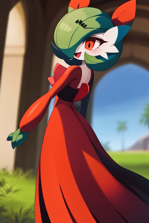 maritime art, melhor_qualidade, 1 garota, Sozinho, gardevoir, criaturas \(empresa\), freak jogo, Nintendo, Pokémon, Pokémon \(jogo\), franja, pele colorida, foco feminino, Pokémon generation 3, cabelo verde, pele verde, cabelo sobre um olho, multipele colorida, Pokémon \(criatura\), olhos vermelhos, cabelo curto, pele bicolor, Pele branca, coelhinha da playboy, collant preto, sorriso.
