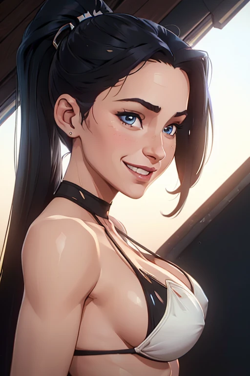 very pale Ariana Grande smiling, young 30 year old woman, smaller breast size, topless, long straight black hair, hair bangs, single long pony tail, hair framing face, light blue eyes, cinematic natural light, organic dust particles in the light, sensual, 4k, look at camera, underwear, highly detailed face, in white string bikini, (((portrait close-up))), (((extremely exaggerated wide-evil-smile, side perspective )))