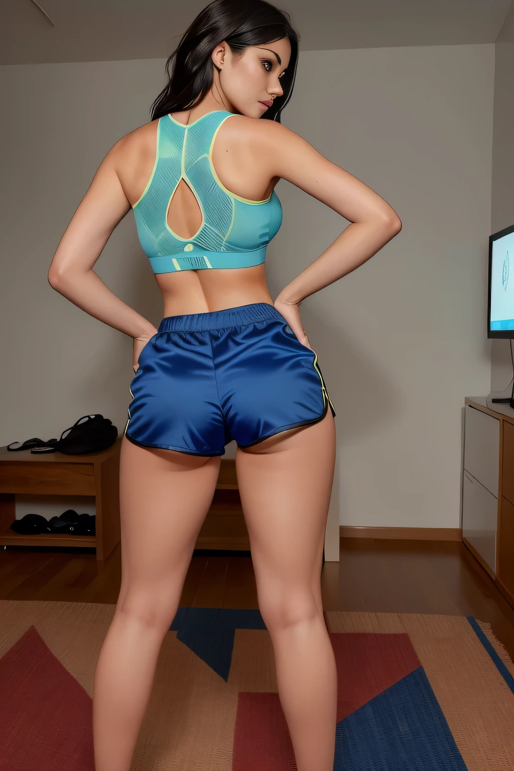 there is a woman in short dark blue shorts playing video games, sports bra and dark blue shorts, sports bra and shorts, back pose, back long shot, back view, arched back, back shot, back long shot, rear view , back photo, back photo, back view, back view, back photo, photo taken from the back, toned back, working out, back pose, action pose, toned back, making a cheeky pose, extremely hot and sexy. back photo, toned back, back photo, from behind. Beautiful woman, perfect body, 38 years old, beautiful woman, dark brown eyes, ((beautiful slim woman, 38 years old, hair color [black hair], slim waist, charming, fair skin, (sexy), (detailed face) , detailed eyes, (hot), beautiful body and soft sexy woman, crop top, thong, shorts, ((full body))