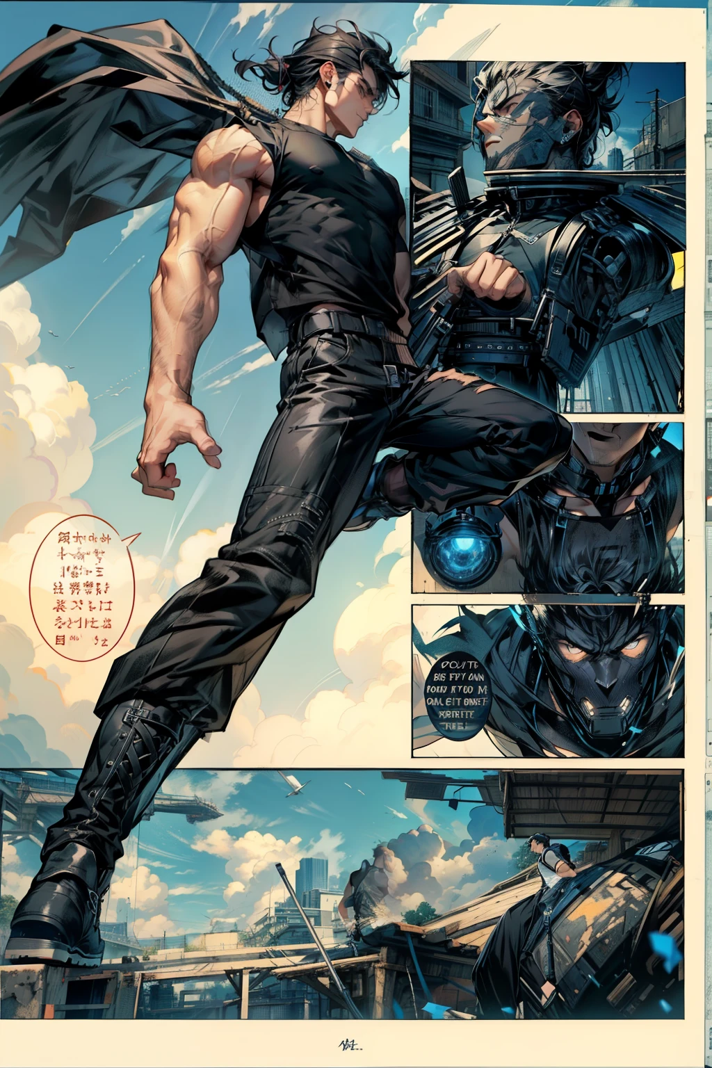boys 26 Years old, Serious face, wearing black sleeveless shirt, black pants, black hair, levitate on sky, blue sky, cloud