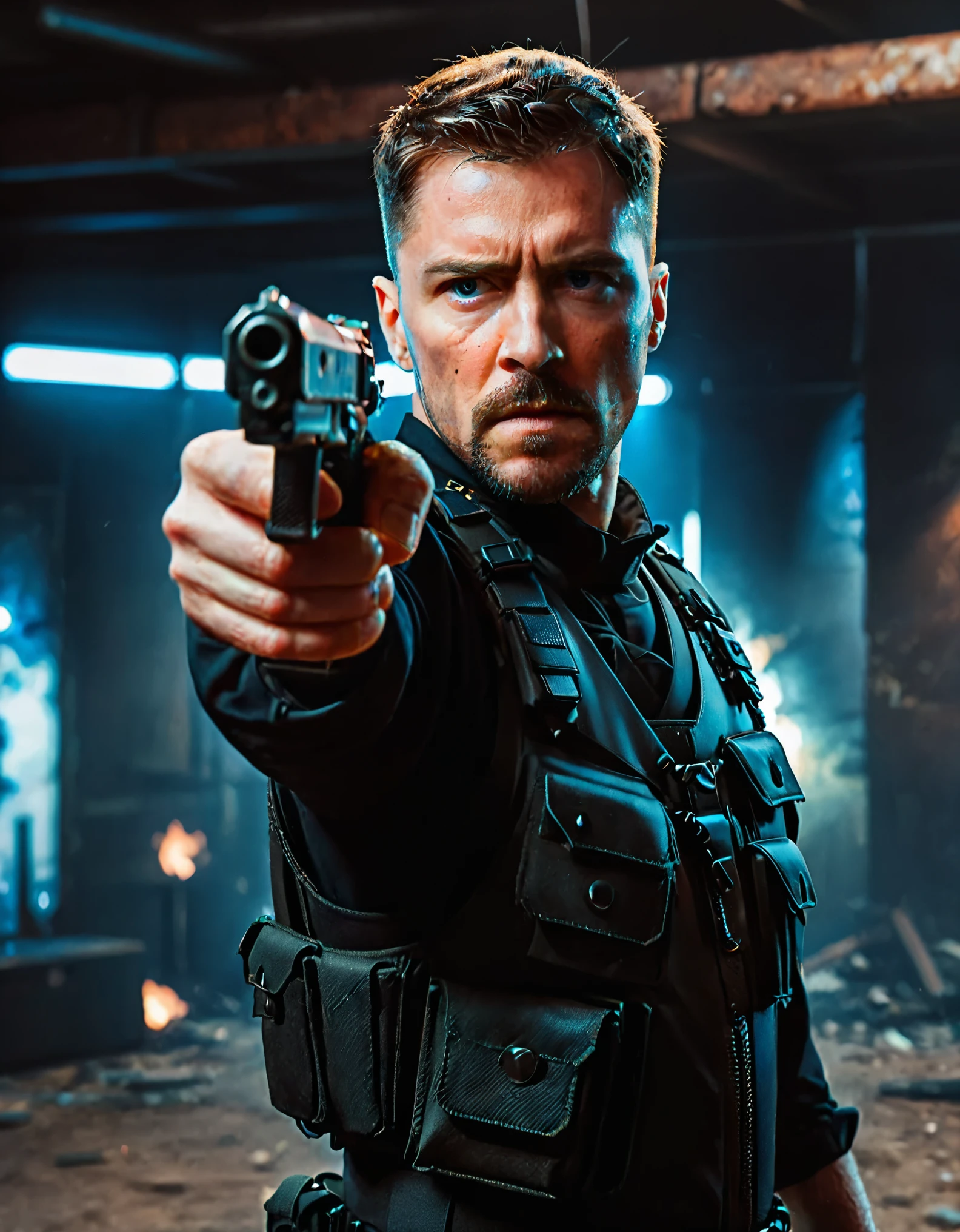 Soldier with dark uniform, pointing pistol at the viewer, STI 1911, ruined background, realistic, stylish, rutkowski, goatee, brown hair, buzz hair, blue eyes, tactical vest, intricate details, hyperdetailed, cinematic, rim light, danger atmosphere