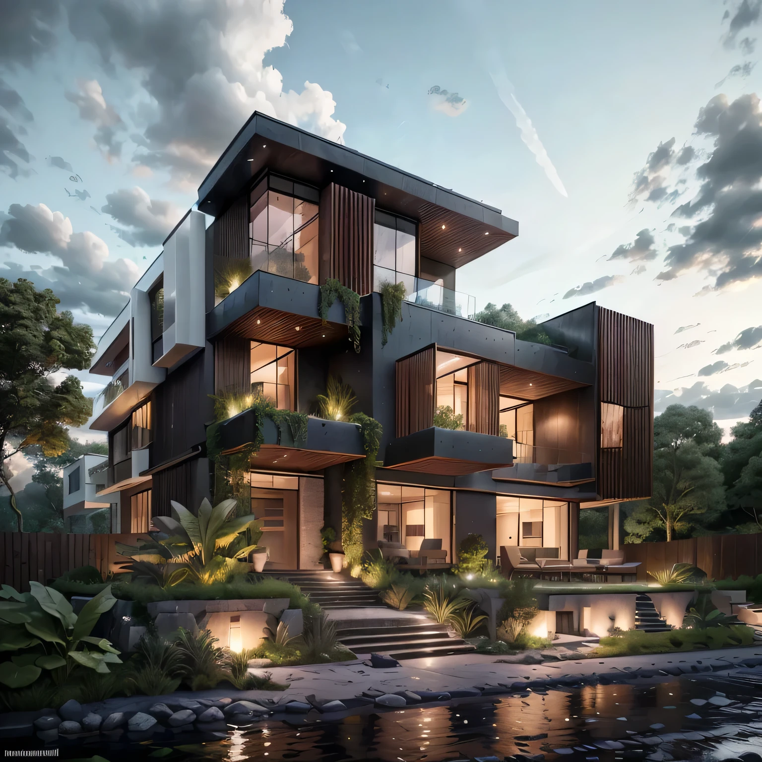 mordenhouse, house, glass house with a sloping roof, modern, night sky dynamic (RAW photo, real, best quality, masterpiece:1.2), (hyper realistic, photo-realistic:1.2), high quality, (dark lighting:1.2), perfect lighting, archdaily, night sky with dark clouds, night sky , "night sky "