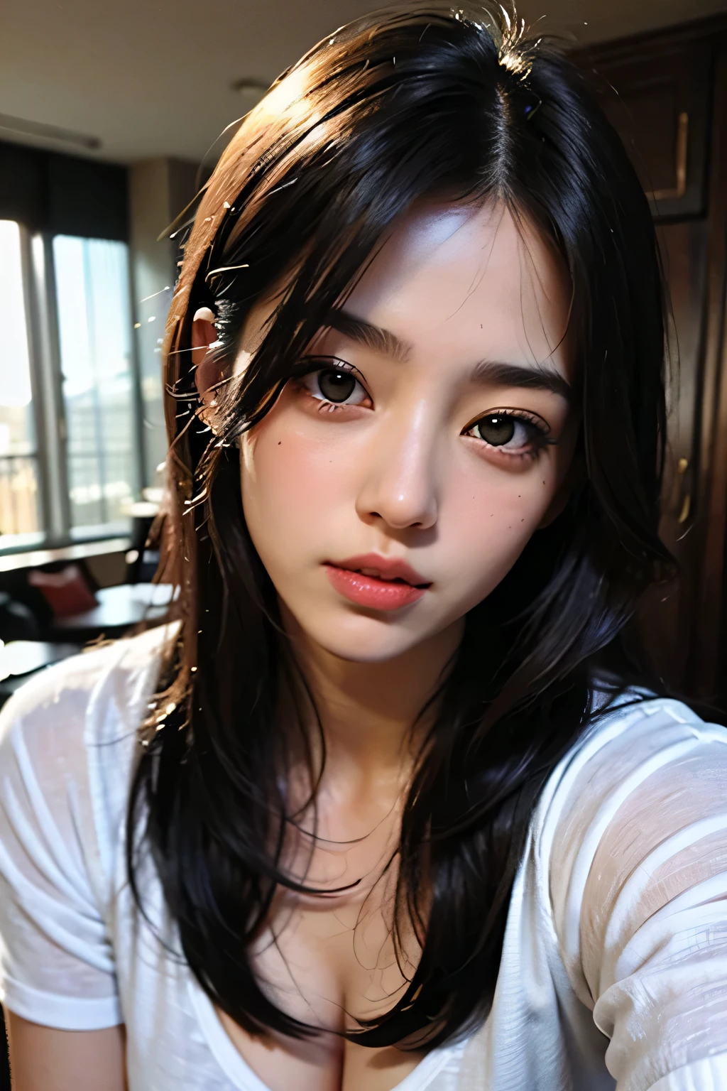 Amazing portrait of a sexy and cute woman with a beautiful face with black brown long straight hair and weak eyes while blushing intensely and her lips are parted being ready to kiss wearing a long oversized white shirt
