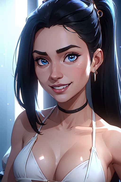 very pale Ariana Grande smiling, young 30 year old woman, smaller breast size, topless, long straight black hair, hair bangs, single long pony tail, hair framing face, light blue eyes, cinematic natural light, organic dust particles in the light, sensual, 4k, look at camera, underwear, highly detailed face, in white string bikini, (((portrait close-up))), (((extremely exaggerated wide-evil-smile, looking up)))