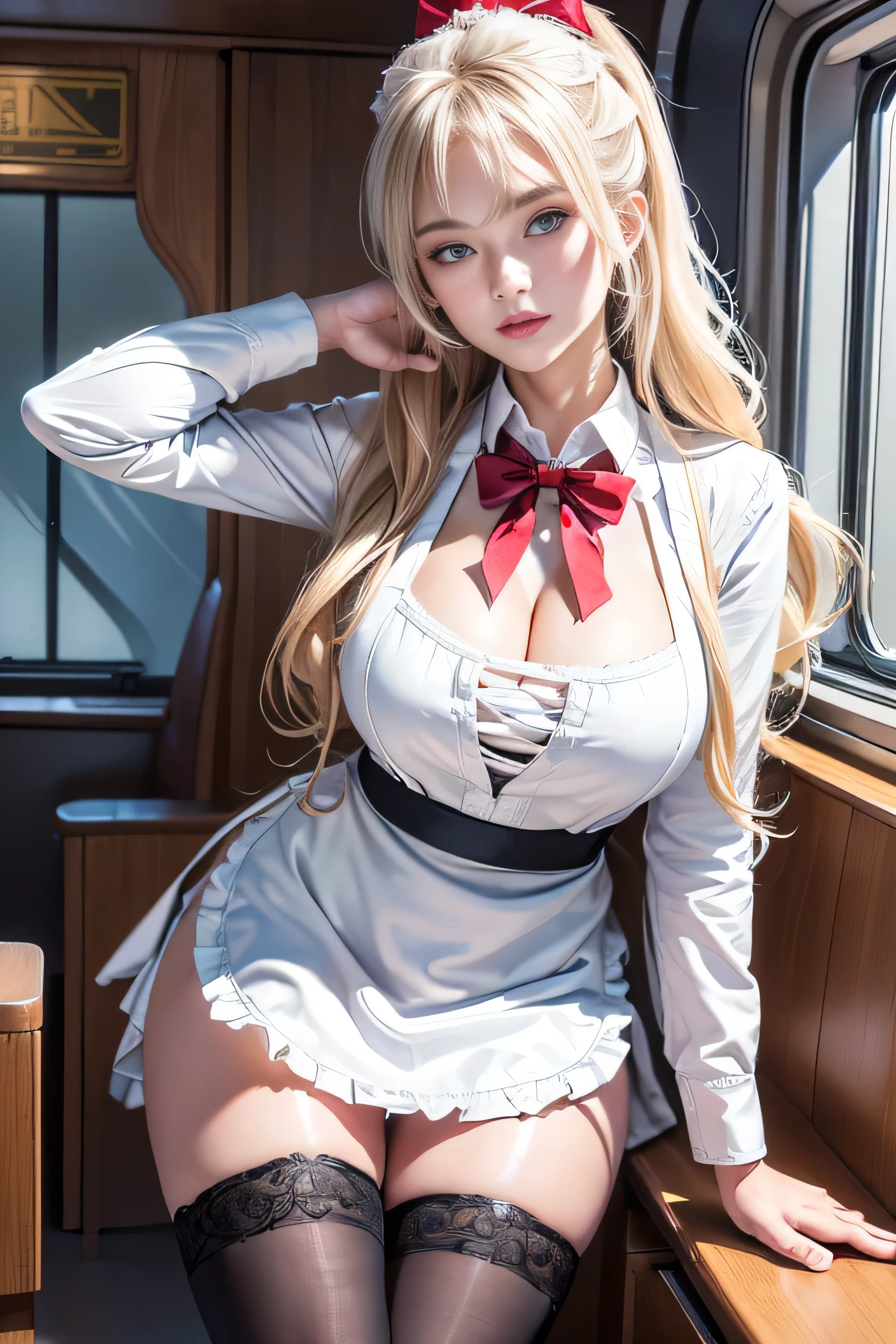 realistic, High resolution, soft light,1 female, alone, waist rises high, (detailed face),(Female student)((A girl standing in front of a train seat)),colorful hair、shortcut,wear、(white blazer emblem on chest)、(translucent white blouse),(red bow tie)(check skirt),long hair、(ponytail)、((Upskirt))(hyperrealistic), (high resolution), (8K), (extremely detailed), (best illustration), (beautiful detailed eyes), (best quality), (super detailed), (masterpiece), (wallpaper), (detailed face), solo, (dynamic pose), 1 girl, white wavy hair in the kitchen, korean, heterochromic eyes, ((apron)), big breasts, long legs, tightens abs, (camel toes), (black stockings), (thick lips),
