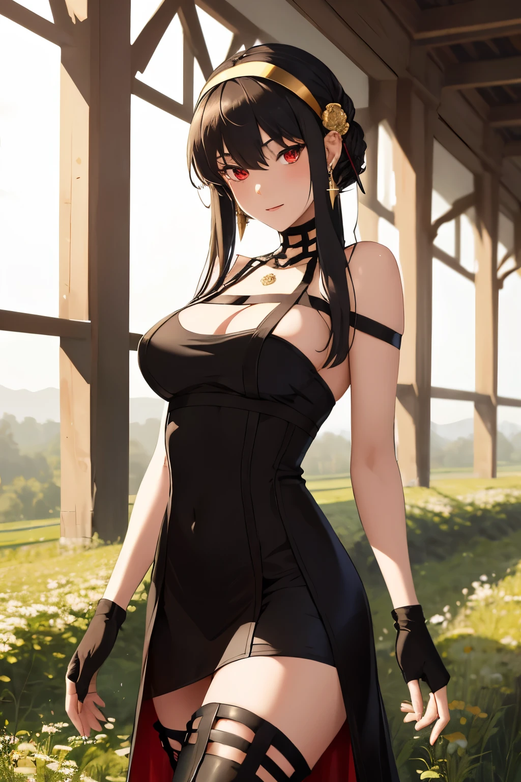 masterpiece, best quality, highres, aayorf, sidelocks, gold hairband, hair ornament, red eyes, gold earring, large breasts, choker, bare shoulders, black dress, two-sided dress, fingerless gloves, thigh boots, cowboy shot, standing, field, from side,