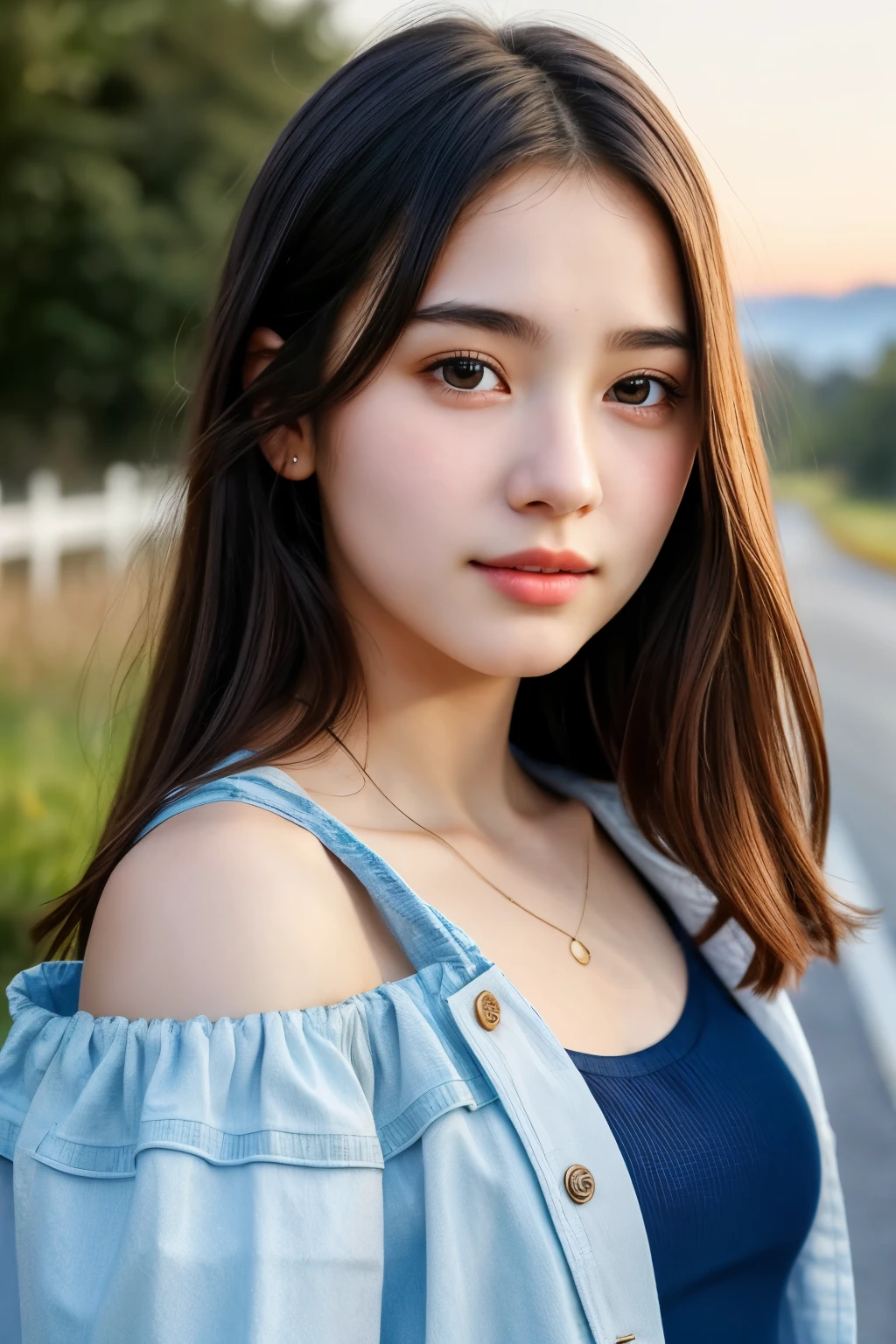 Masterpiece of a 14-year-old girl with white skin, textured complexion, and super-detailed features. Her cute, perfect face is turned slightly to the side, showing an open shoulder. The background is a serene roadside scene under the cover of night, with less light and nature's gentle side lighting illuminating her beautiful face. She wears a pink jacket, revealing a hint of her stomach, making her look even more adorable and realistic. This high-quality image is captured in 8k resolution for the best possible detail and visual experience.