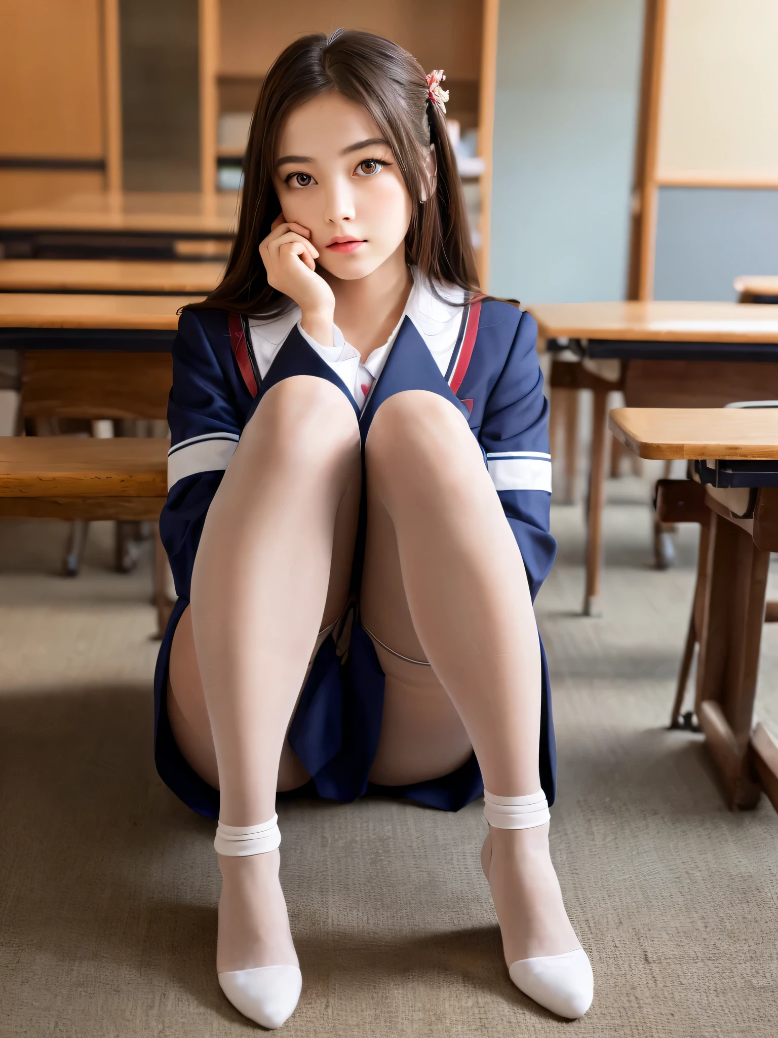 (sfw:1.5)、(RAW Photos:1.2), (Realistic:1.4), Beautiful detailed girl, Highly detailed skin , Beautiful fine details,  ((Japanese high school girls uniform)),  8k wallpaper, Uniforms with detailed design, masterpiece, highest quality,  Light on the face, Cinema Lighting, One girl, , ((No pants)), (((Dynamic pose))),  (pantyhose), ((Sit with your knees bent and your legs bent))、(Anatomically correct)、（Perfect body proportions)、(Natural Legs、Natural Hands、Natural Fingers)、 ((Round face)), Realistic Eye Size, Big Eyes、Droopy eyes